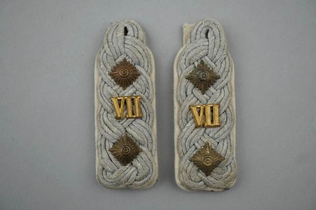 A pair of shoulder straps with gold numbers

Description automatically generated