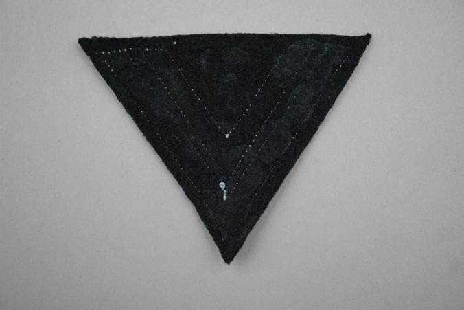 A black triangle with white stitching

Description automatically generated