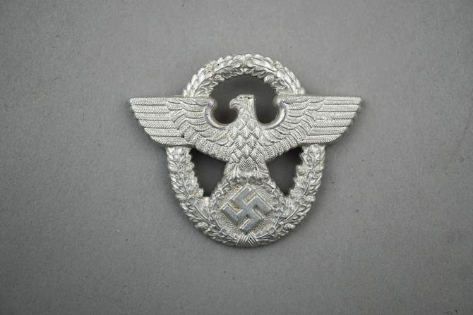 A silver eagle with a swastika

Description automatically generated