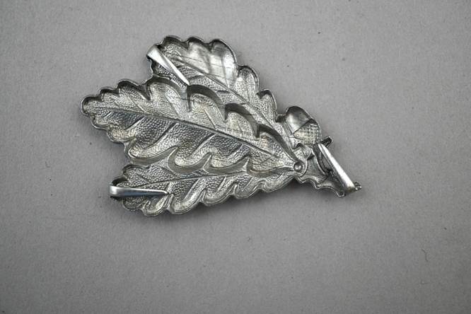 A silver leaf shaped brooch

Description automatically generated