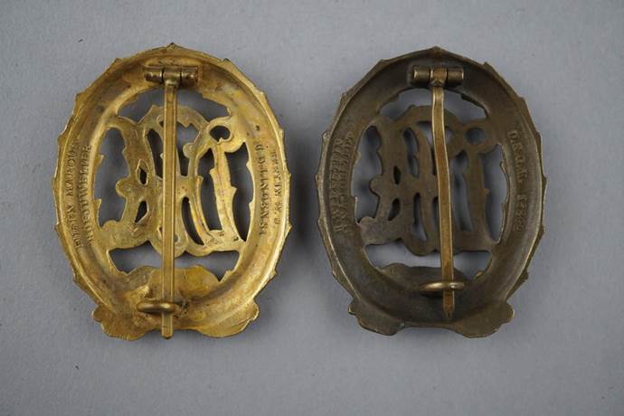 A close-up of a pair of gold colored oval shaped brooches

Description automatically generated