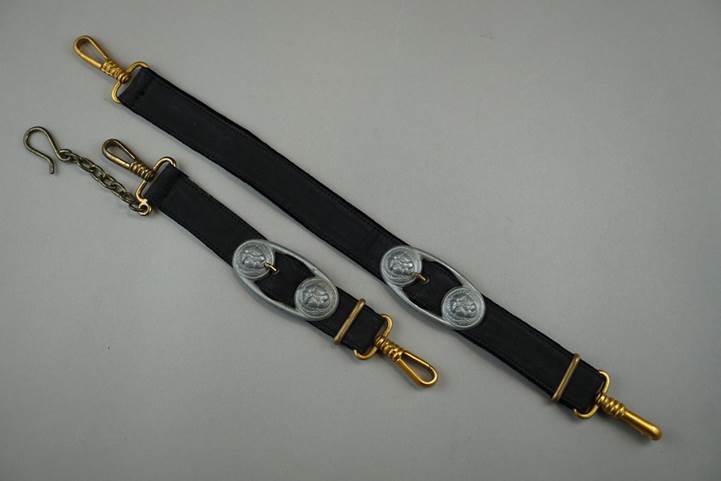 A pair of black straps with gold clasps

Description automatically generated