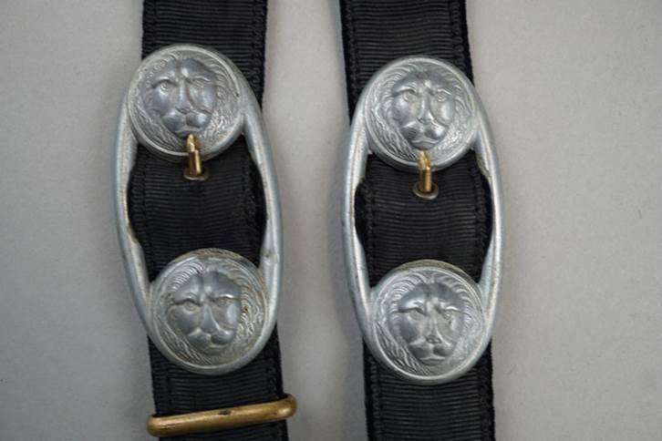 Close-up of a pair of belts with metal buckles

Description automatically generated