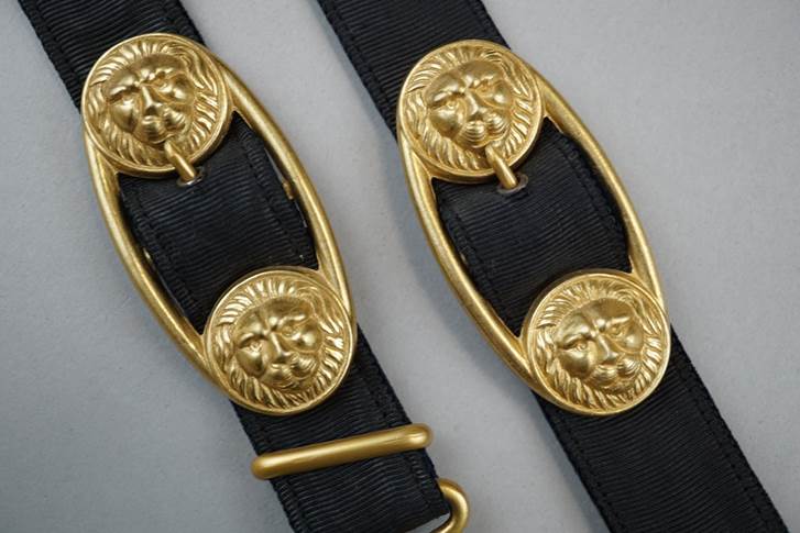 A pair of belts with gold lion faces

Description automatically generated