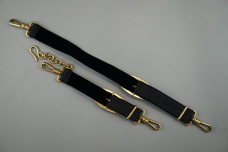 A pair of black straps with gold clasps

Description automatically generated