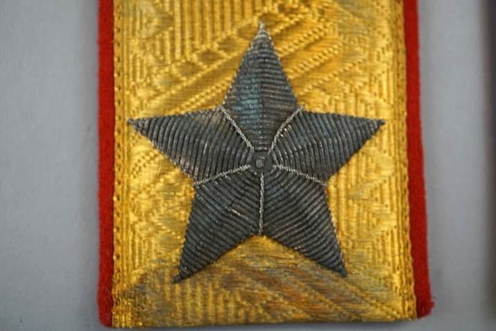 A star on a gold and red fabric

Description automatically generated
