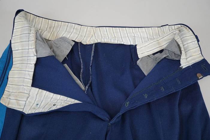 A close-up of a blue and white pants

Description automatically generated