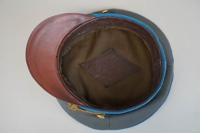A blue and brown hat

Description automatically generated