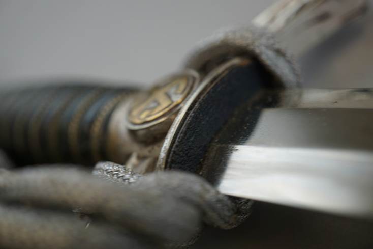 Close-up of a sword in a cord

Description automatically generated