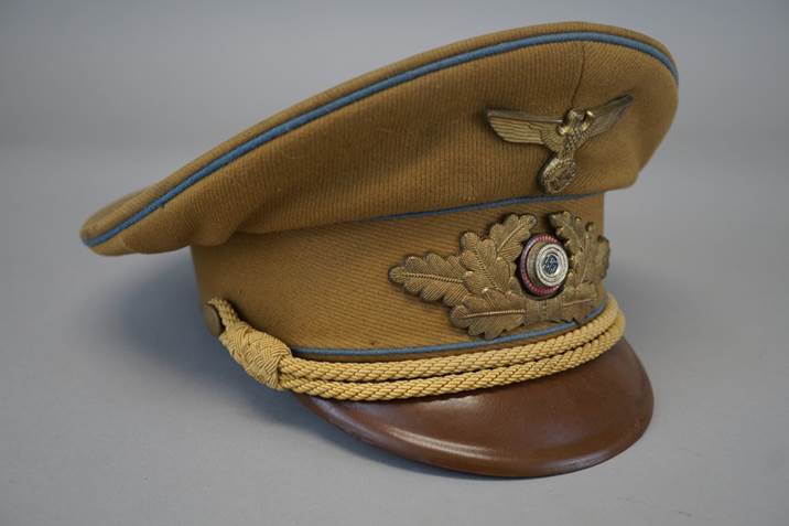 A brown hat with a gold emblem

Description automatically generated