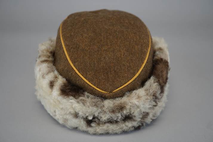 A brown hat with a yellow stitch

Description automatically generated