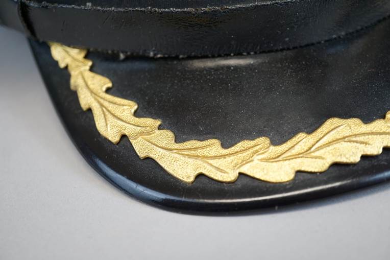 A black hat with gold leaf decoration

AI-generated content may be incorrect.
