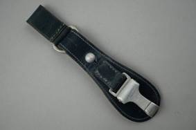 A black leather strap with silver buckle

Description automatically generated