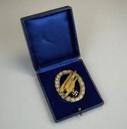 A gold and diamond shaped pin in a blue box

Description automatically generated