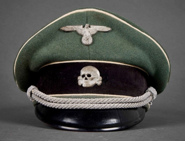 A visor cap for Sonderführer of the army in officer rank maker Erel, Berlin  Late private purchase piece in field-grey gabardine, grey trim band and  piping, golden-yellow silk liner with cap trapezoid (